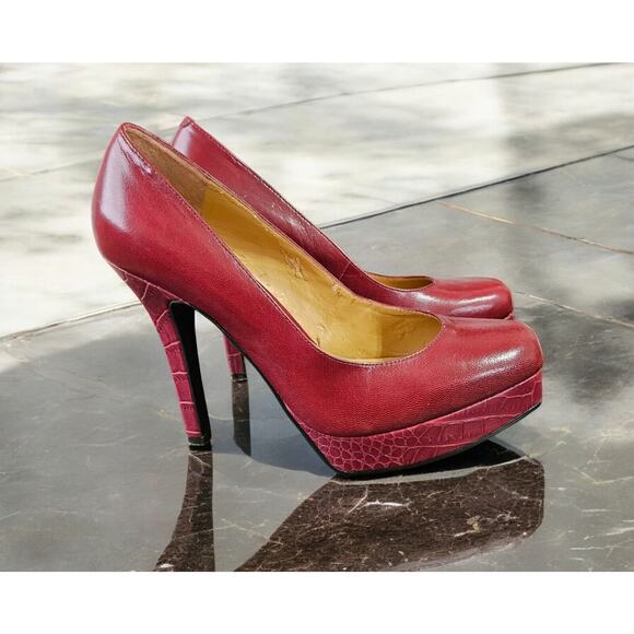 Nine West Women's Helene Size 6 1/2 Leather Burgandy W/ Snake Skin Heels FLAWS! - Picture 1 of 15